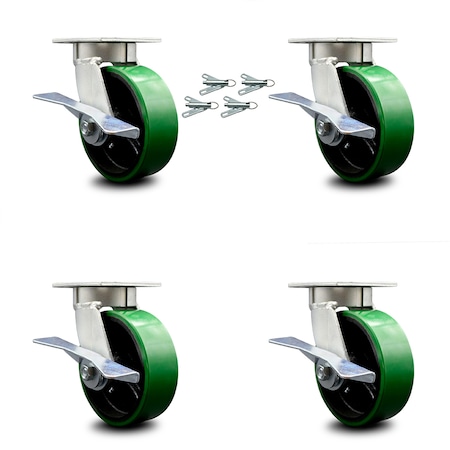Service Caster 6 Inch Kingpinless Green Poly on Steel Wheel Caster Set Brake and Swivel Lock SCC-KP30S620-PUR-GB-SLB-BSL-4